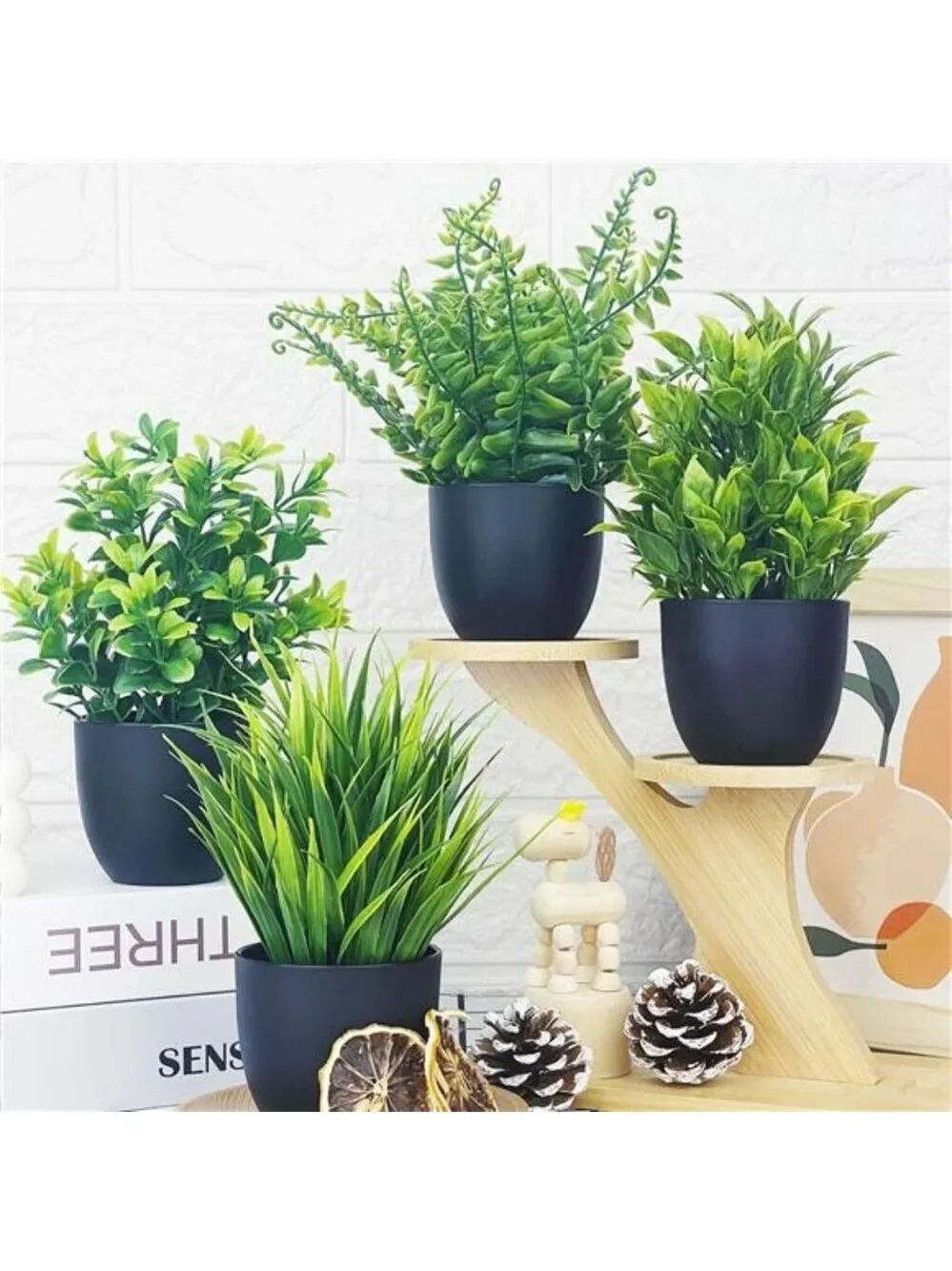 Set of 4 Small Fake Potted Plants 7 inch Artificial Mini Greenery Home Office De